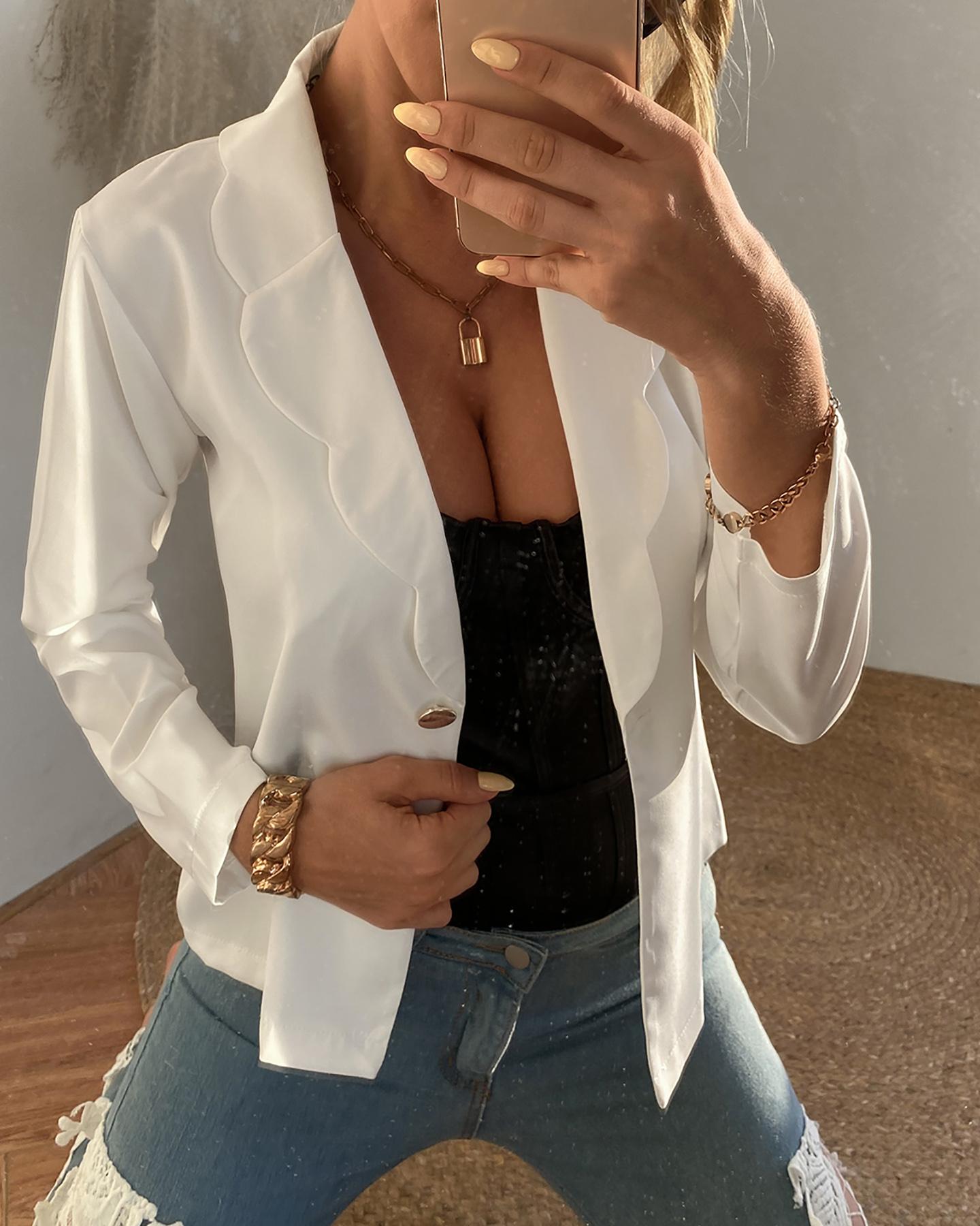 

Ruffles Button Design Blazer Coat, White