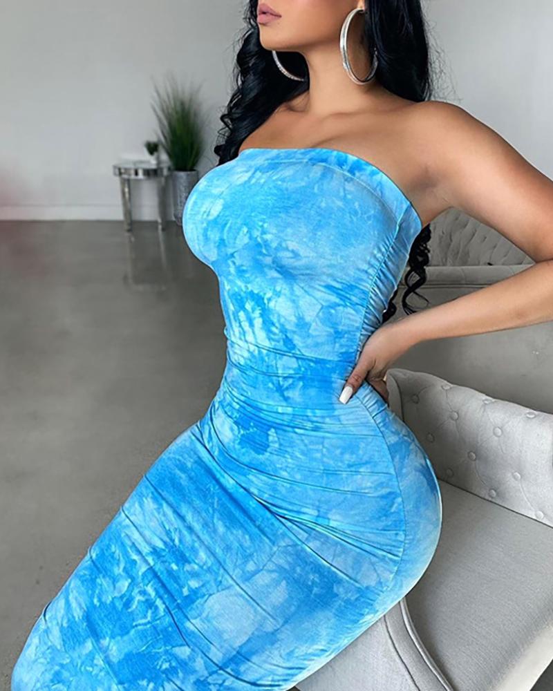 

Bandeau Tie Dye Print Ruched Sleeveless Maxi Dress, Blue