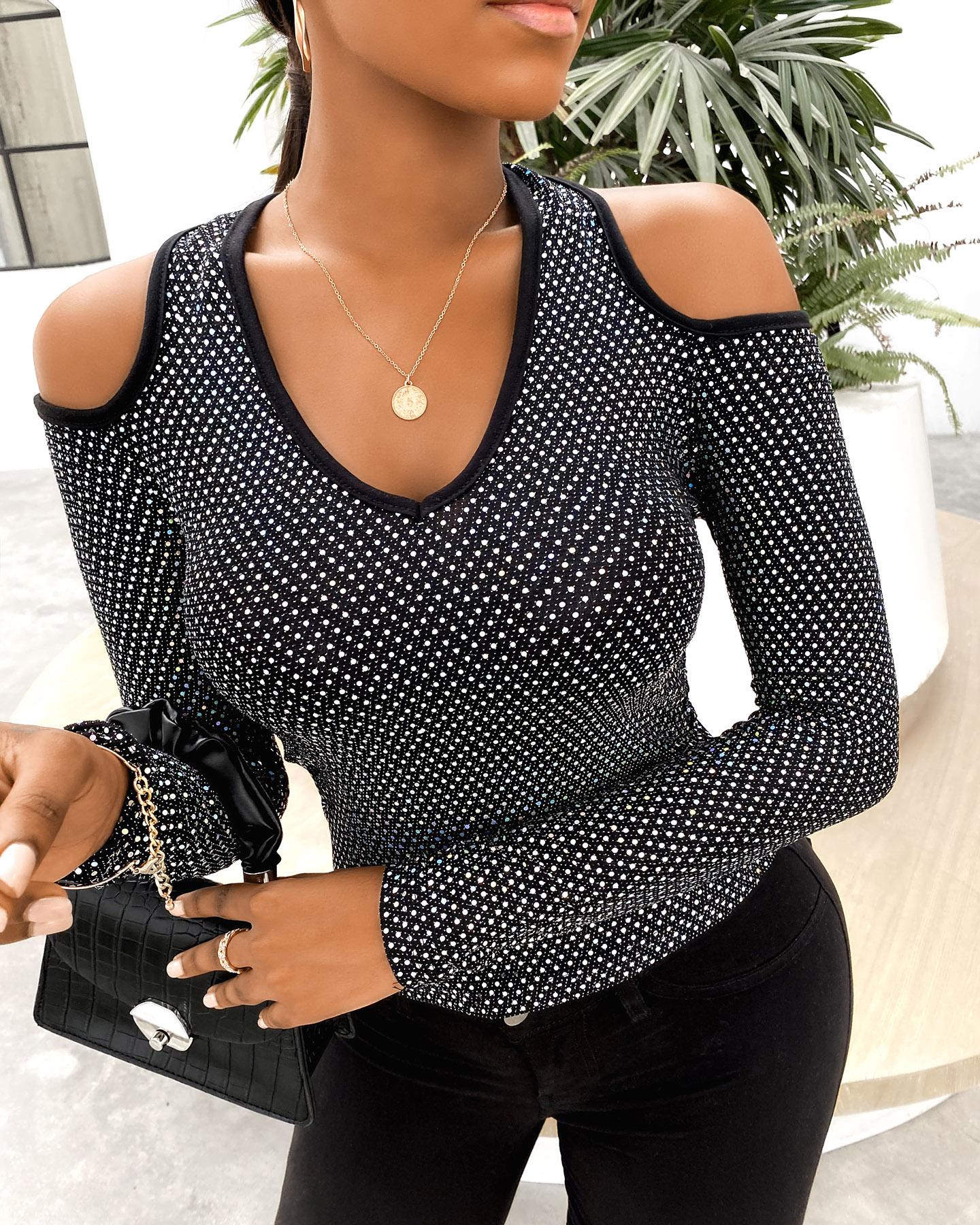 

Cold Shoulder Studded Long Sleeve Top, Silver