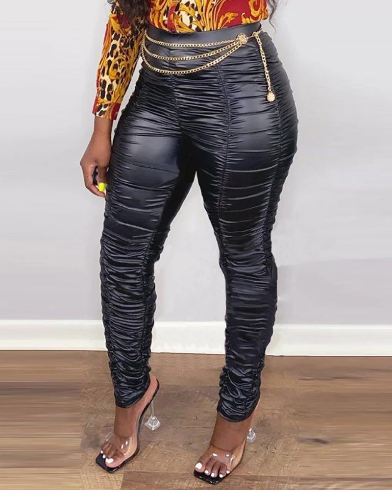 Ruched High Waist Leather PU Pants Online. Discover hottest trend