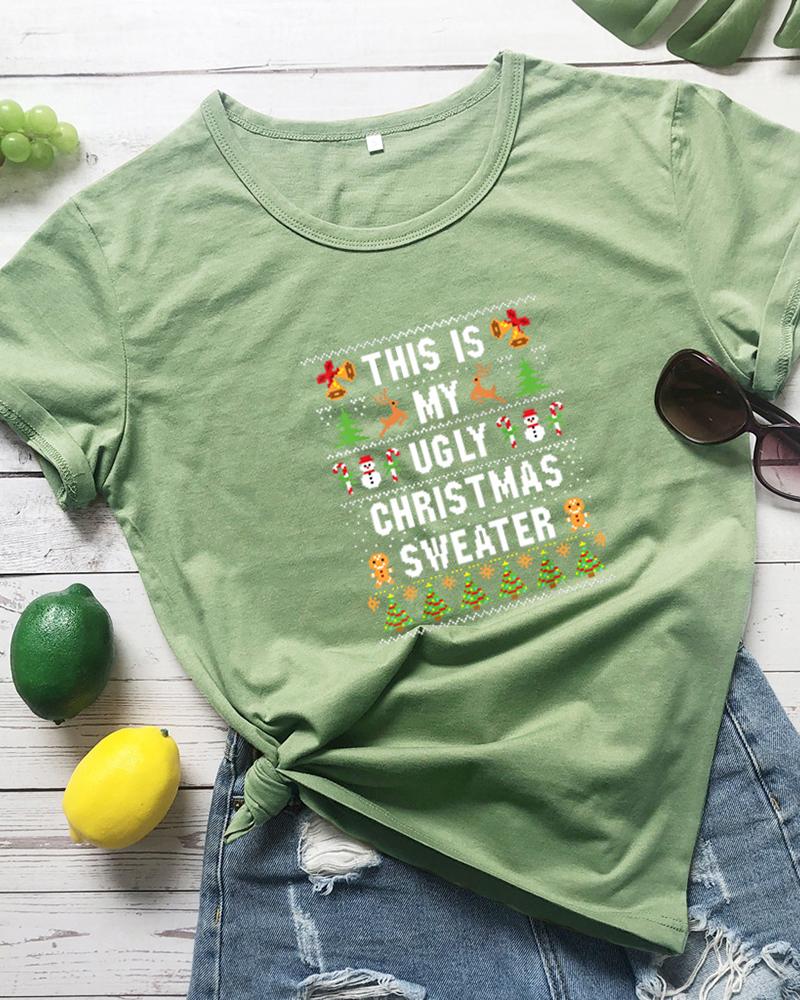 

Christmas Letter Print Short Sleeve Casual T-Shirt, Green