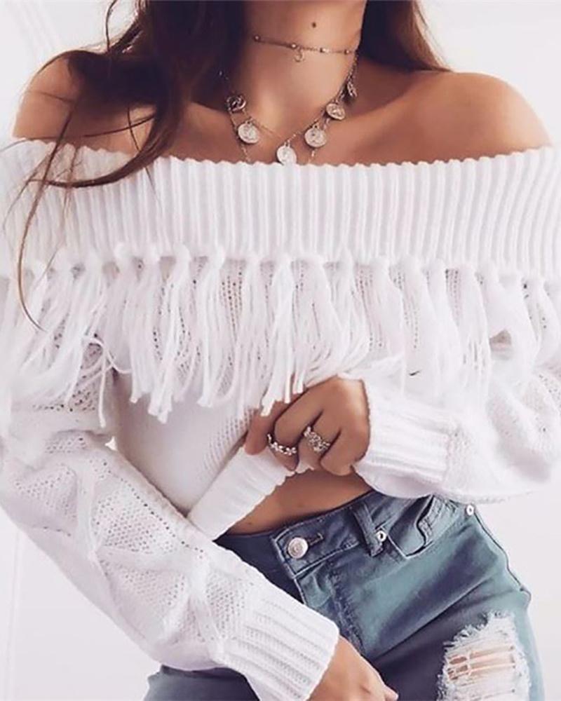 

Tassel Design Off Shoulder Knitted Sweater, White