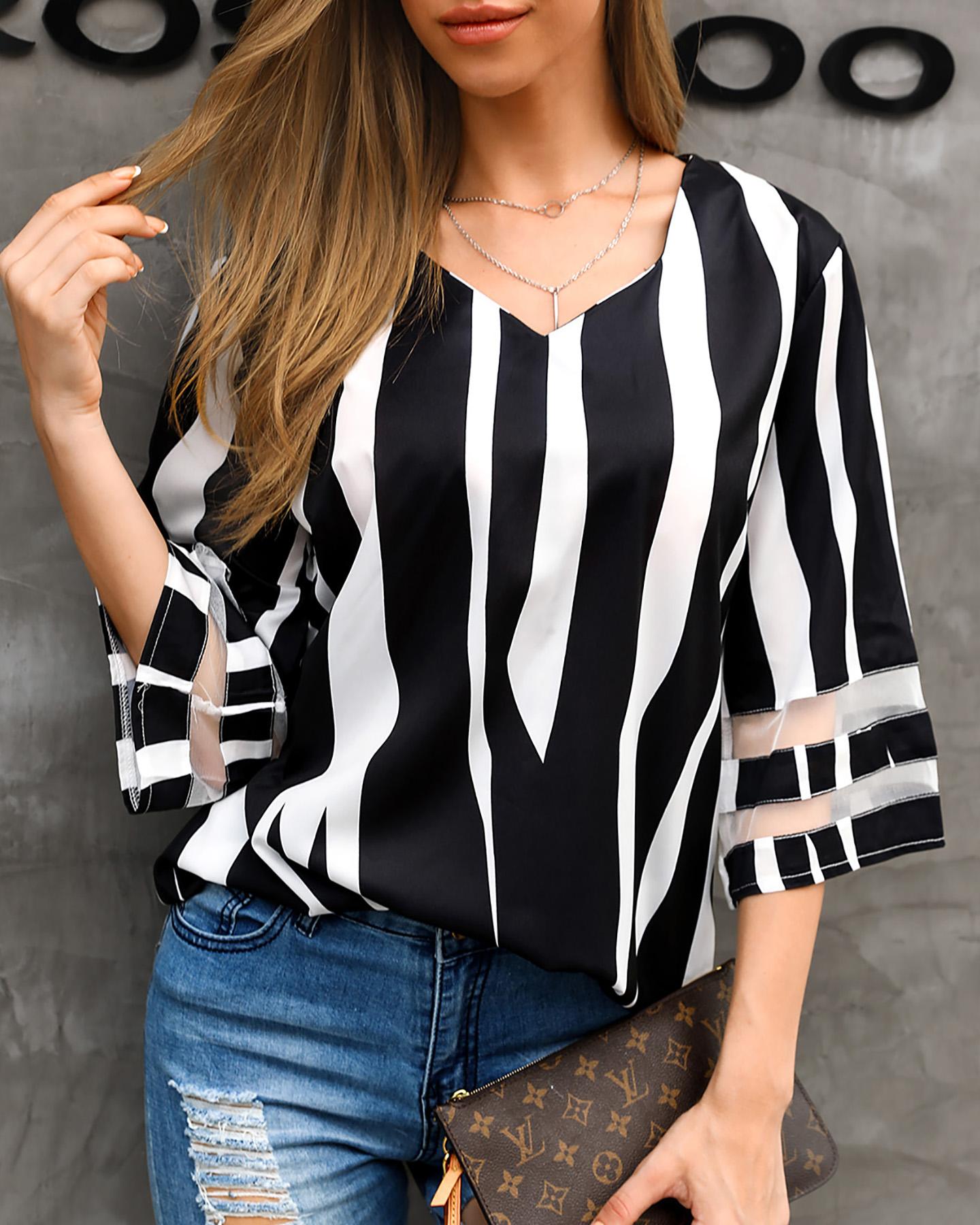 

Striped V-Neck Bell Sleeve Casual Blouse, Black