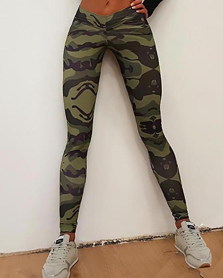 

Sport Style Camouflage Print Tight Leggings, Army green
