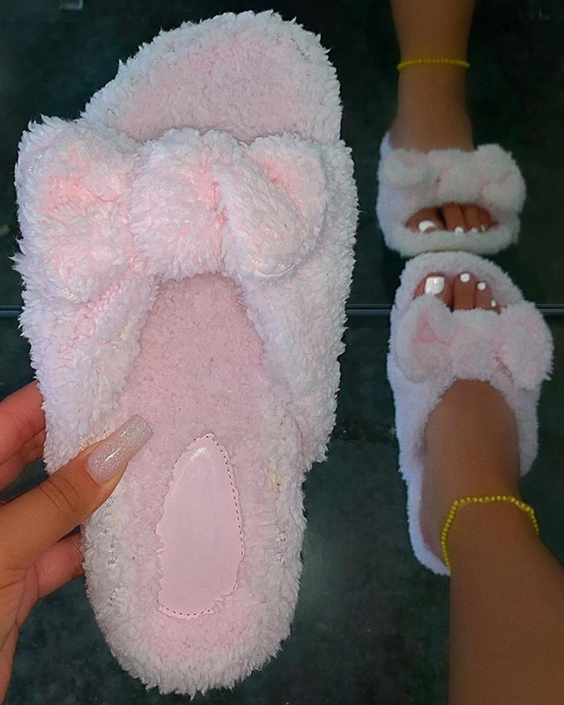 

Bowknot Design Fluffy Slippers, Pink