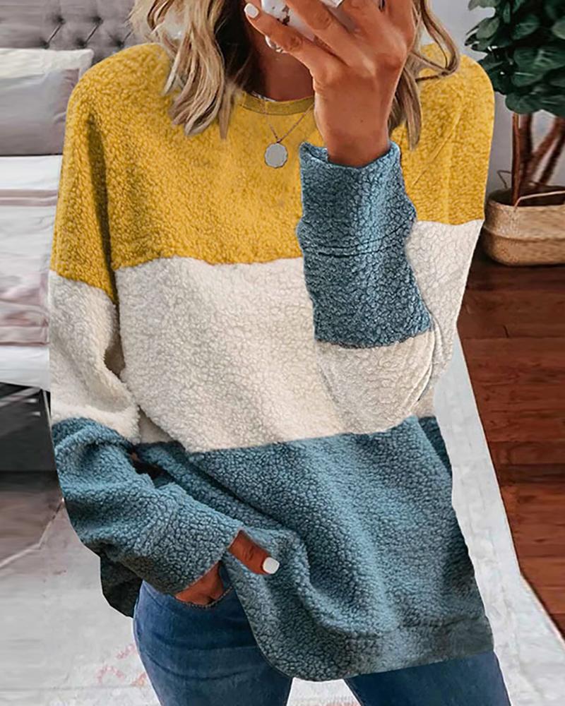 

Colorblock Long Sleeve Casual Teddy Sweatshirt, Yellow