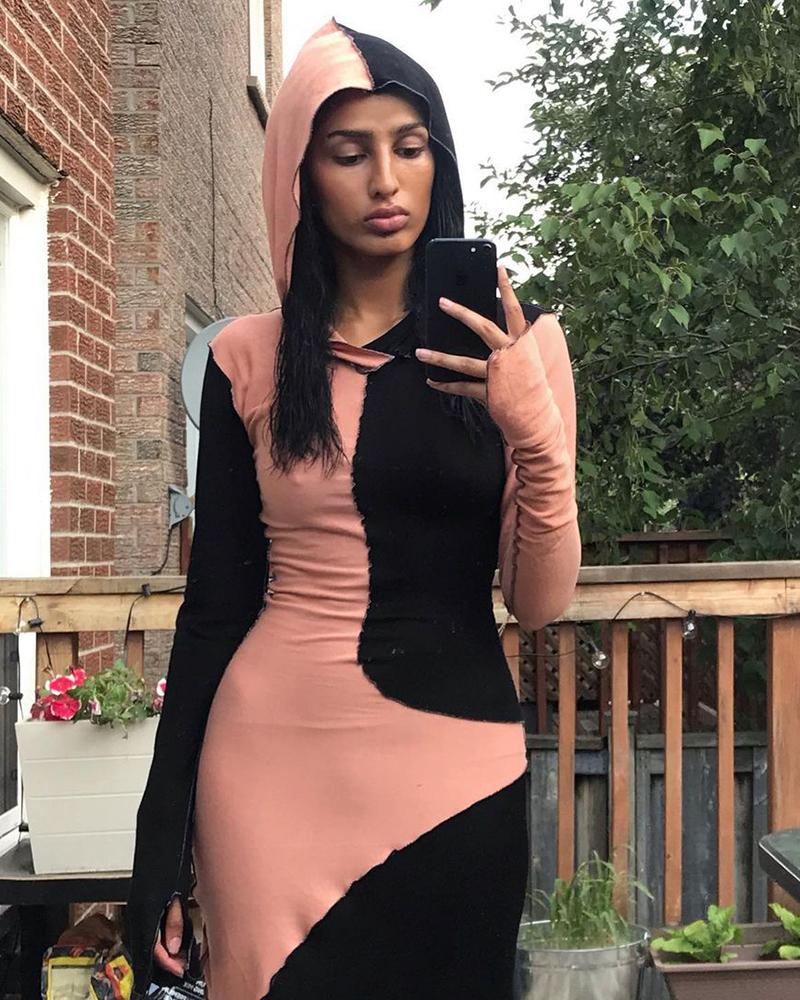 

Colorblock / Plain Flared Sleeve Hooded Maxi Dress, Pink