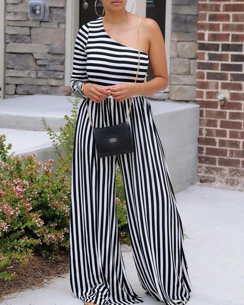 

One Shoulder Striped Print Jumpsuit, Black