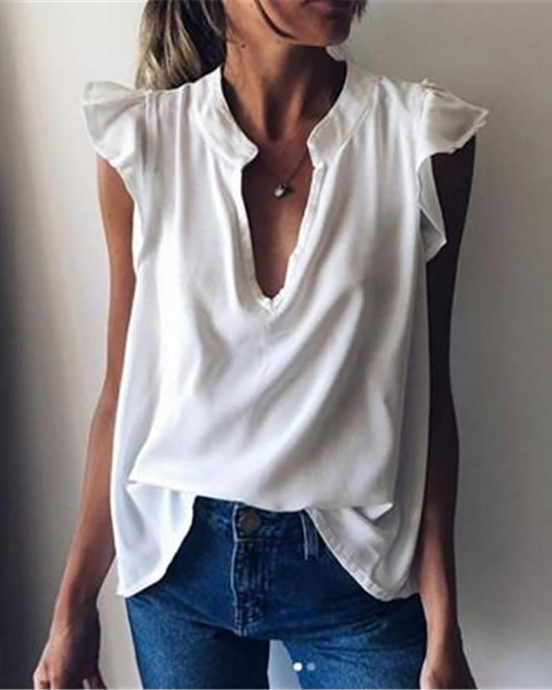 

Deep-V Ruffles Sleeve Solid Women Top, White