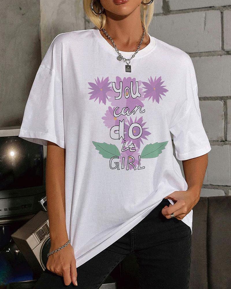 

Purple Flower Print Short Sleeve T-shirts, White
