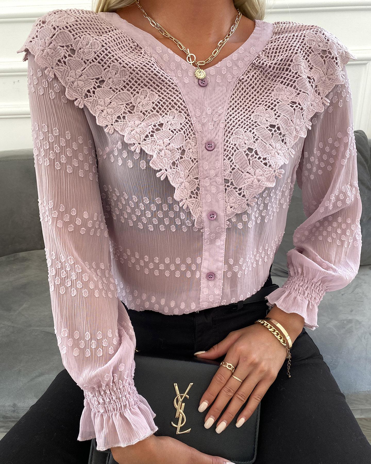 

Polkadot Print Ruffles Hem Long Sleeve Mesh Women Blouse, Pink