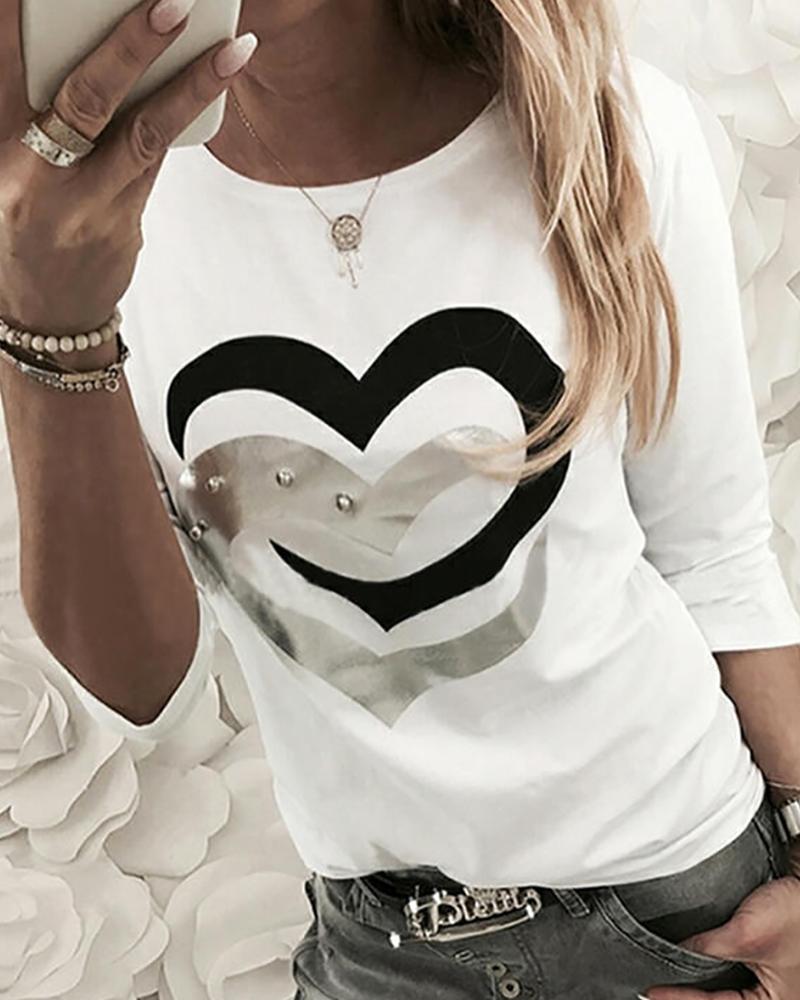 

Heart Print Long Sleeve Casual Top, White