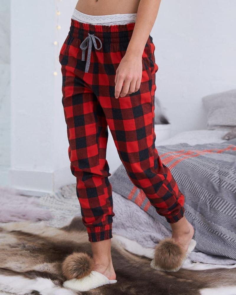 

High Waist Plaid Print Pants, Red