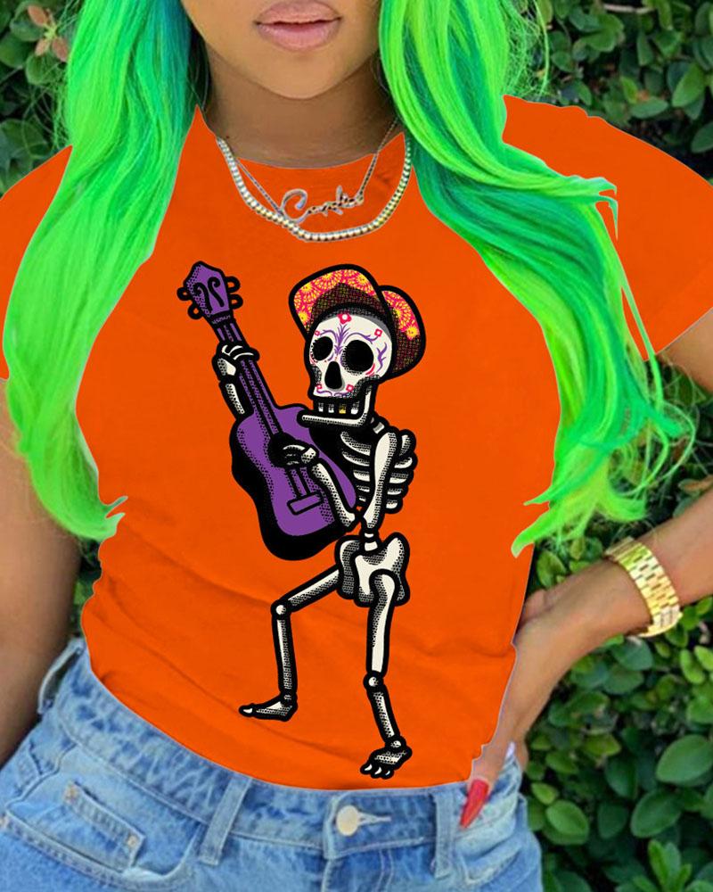 

Skeleton Print Short Sleeve Casual T-shirt, Orange