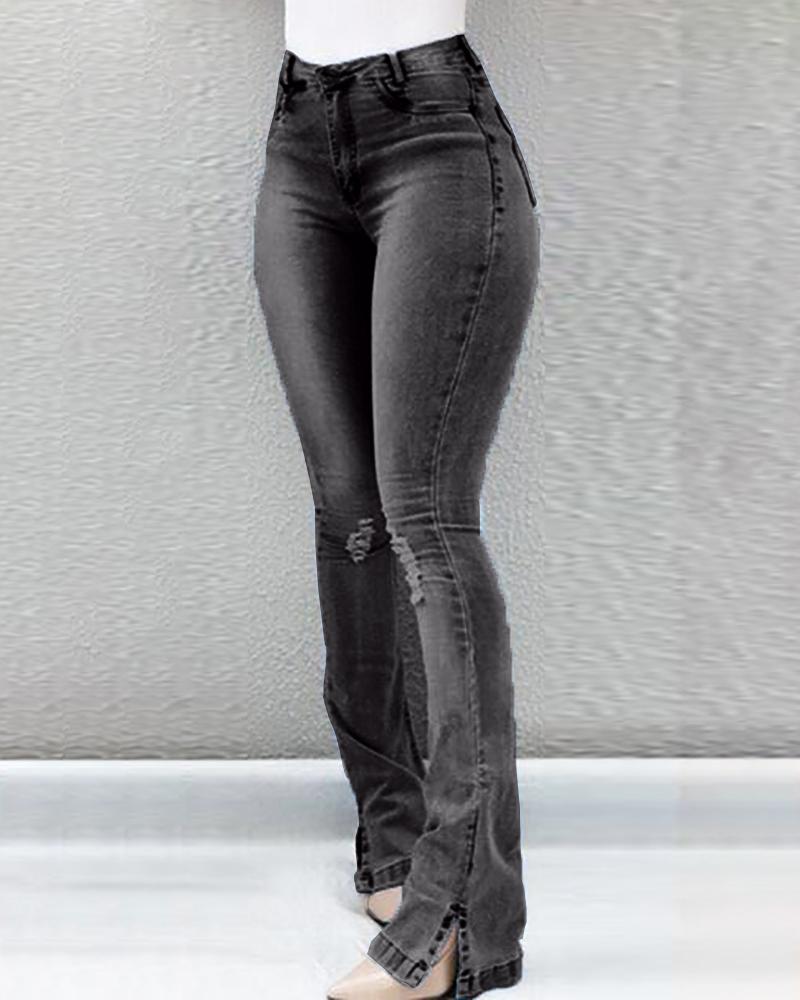 

High Waist Ripped Slit Bootcut Denim Pants, Black