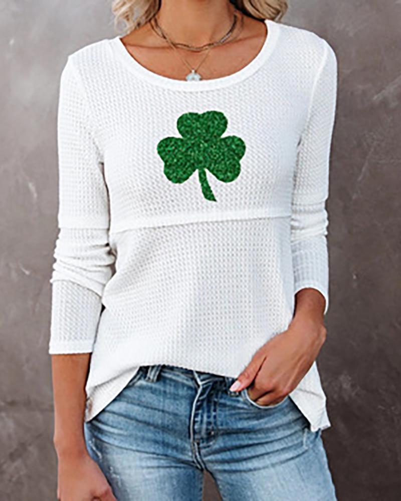 

St.Patrick' Day Clover Print Long Sleeve Casual T-shirt, White