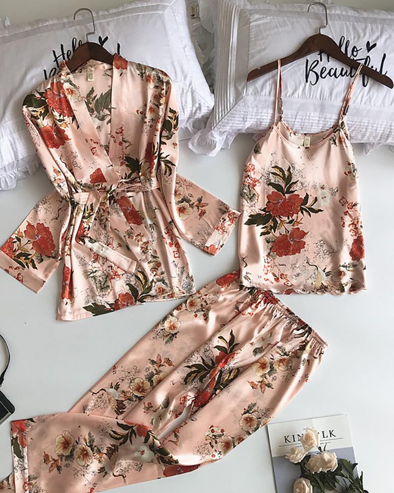 

3PCS Floral Print Satin Robe Set, Pink