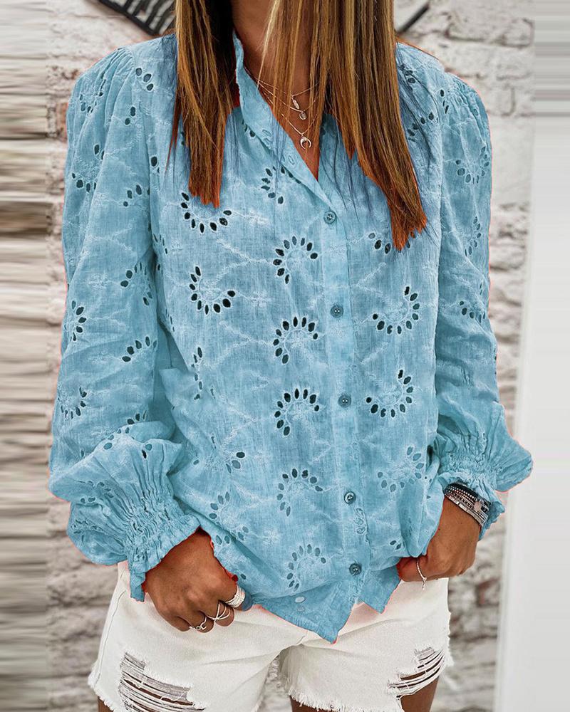 

Eyelet Embroidery Lantern Sleeve Casual Top, Light blue