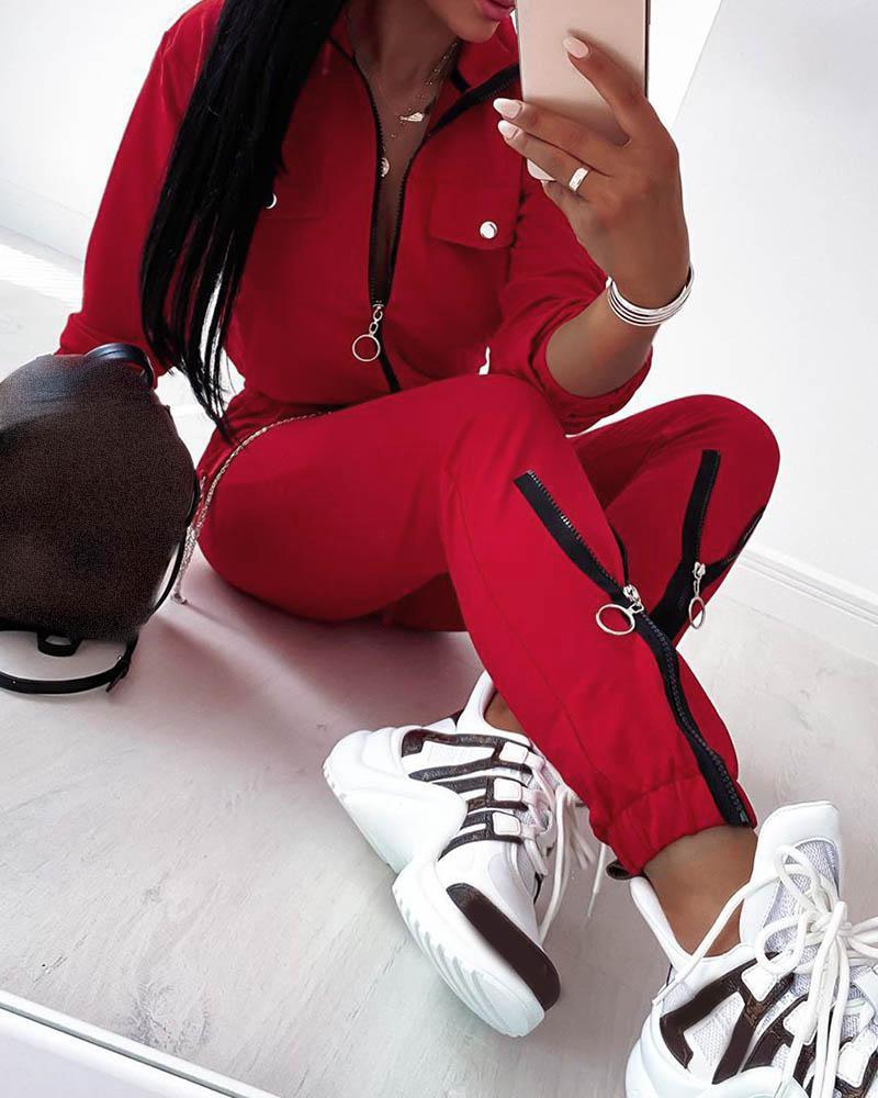 

Zipper Pockets Design Crop Top & Drawstring Pants Set, Red