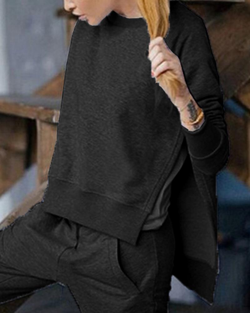 

Slit Long Sleeve Women Top & Pockets Pants Set, Black