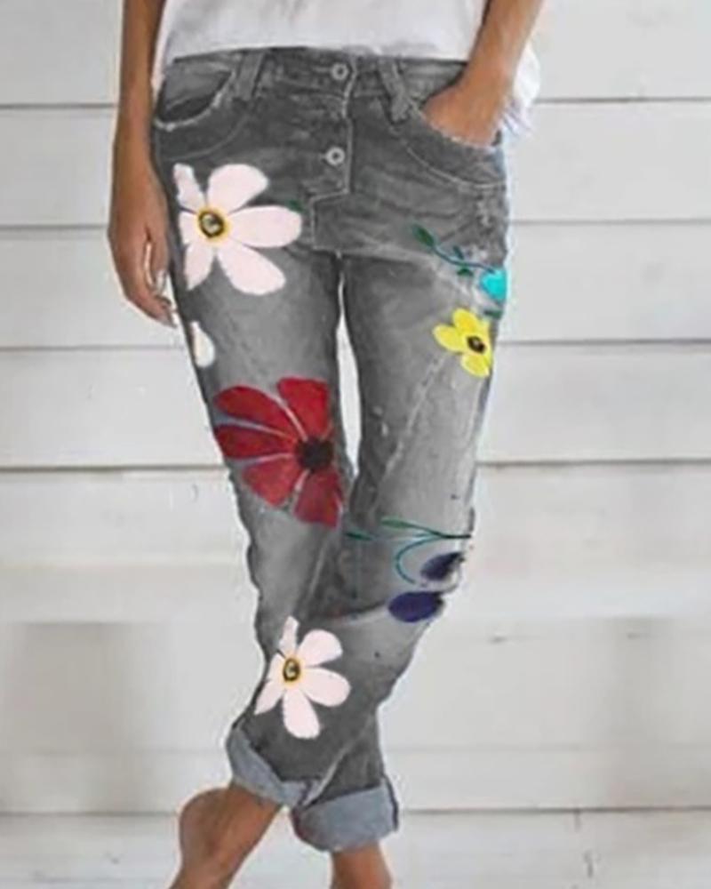 

Floral Pattern Buttoned Pockets Denim Pants, Gray