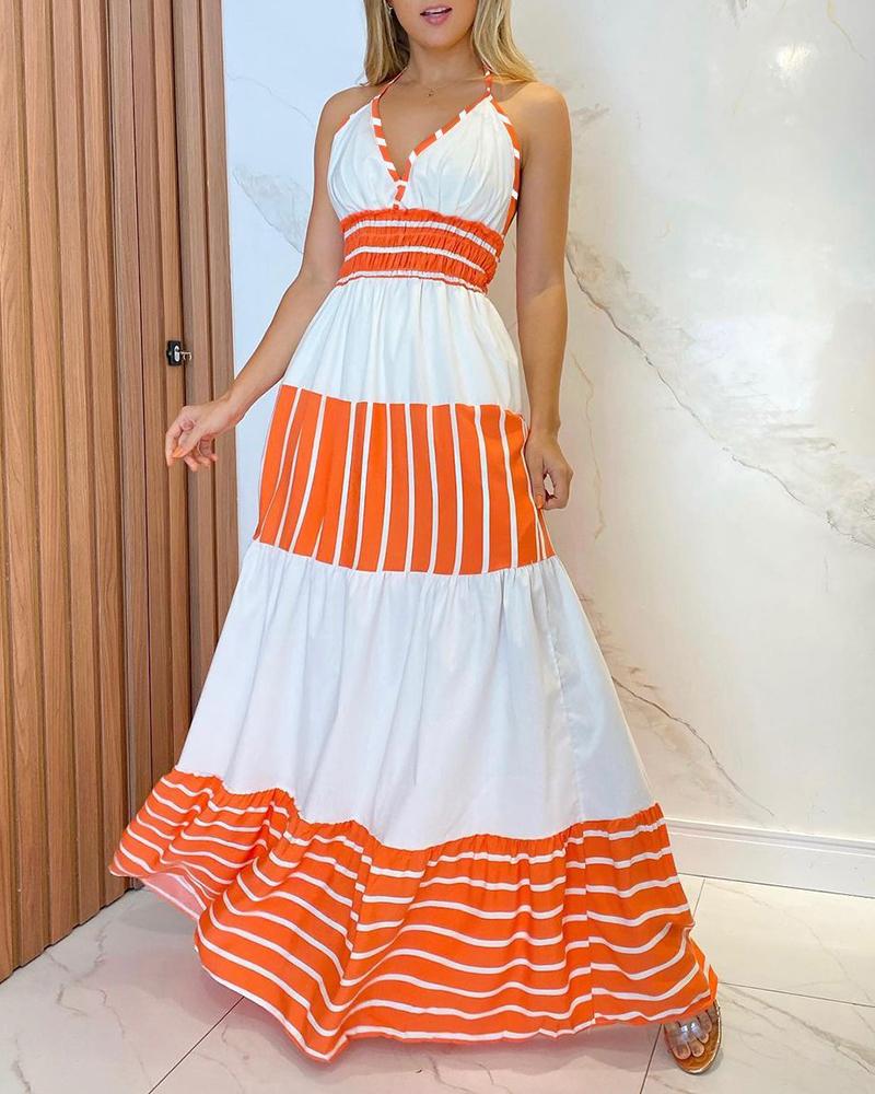 

Striped Print V Neck Backless Halter Maxi Dress, Orange