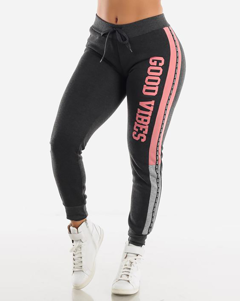 

High Waist Letter Print Drawstring Sweatpants, Dark grey