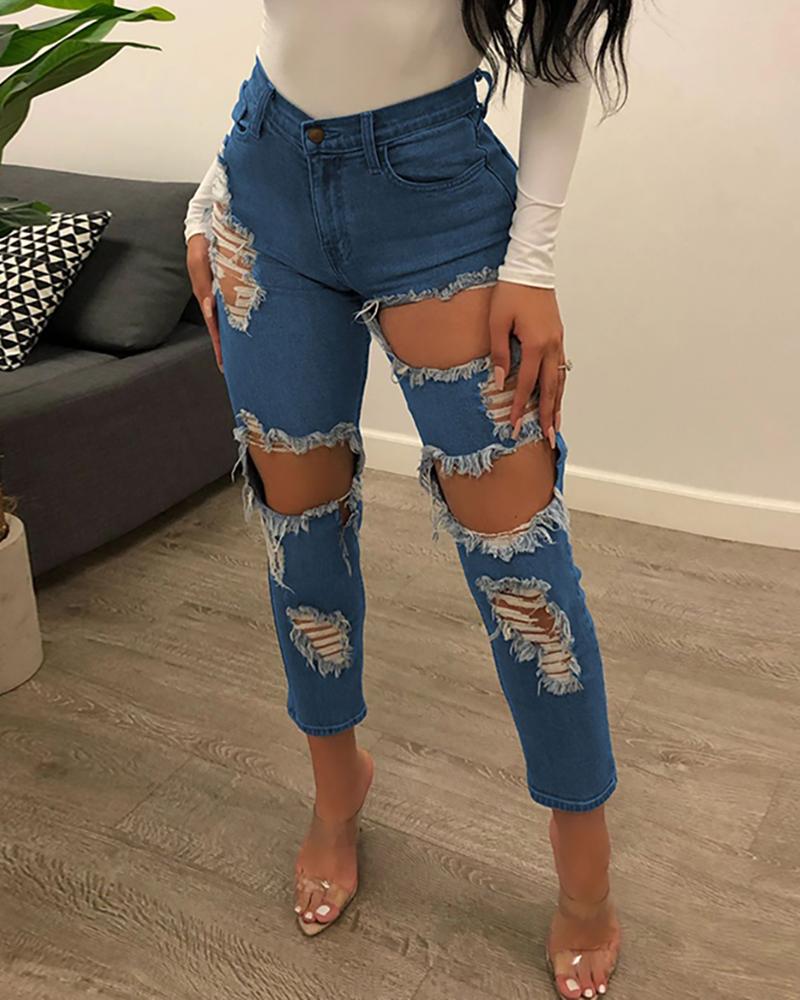 

Ripped Cutout High Waist Denim Pants, Dark blue