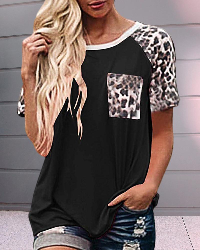 

Leopard Print Short Sleeve Pocket T-shirt, Black