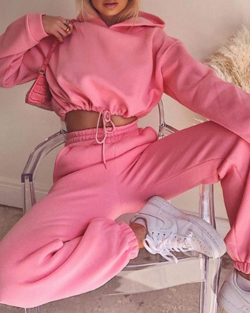 

Plain Drawstring Hooded Crop Top & Pocket Design Pants Set, Pink