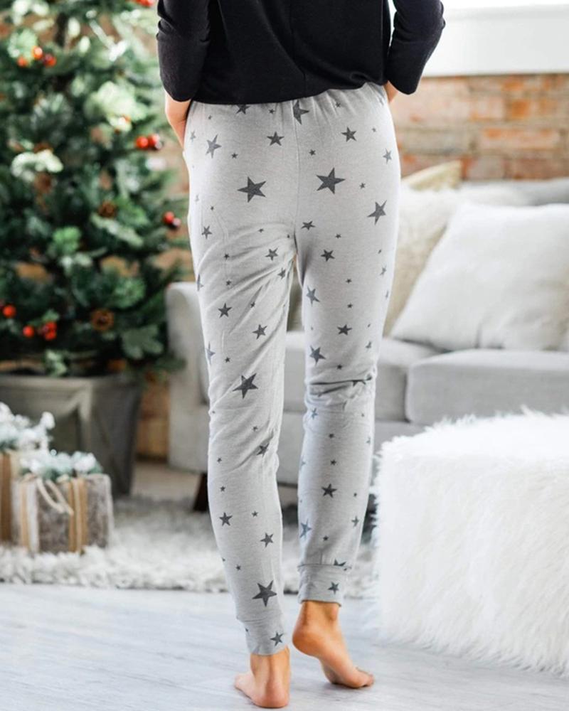 

Drawstring Star Print Casual Pants, Gray