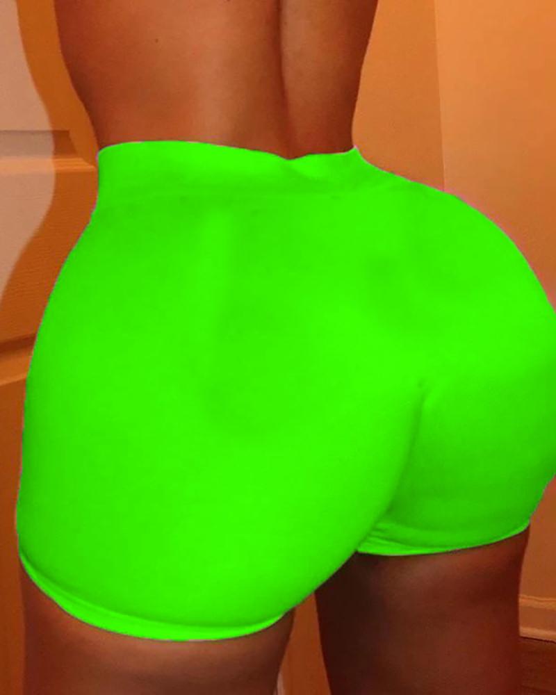 

Solid High Waist Fitted Casual Shorts, Green