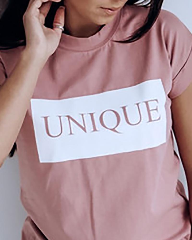 

Letter Print Short Sleeve Casual T-shirt, Pink