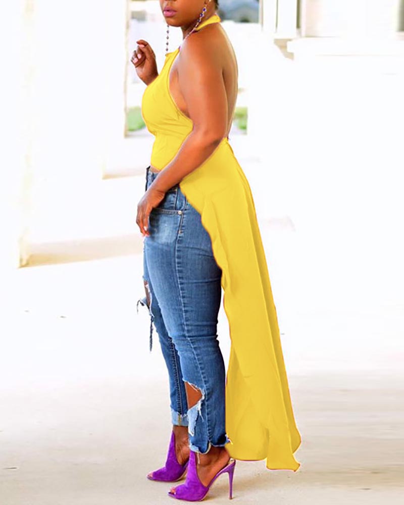 

Sexy Halter Backless Dip Hem Women Top, Yellow