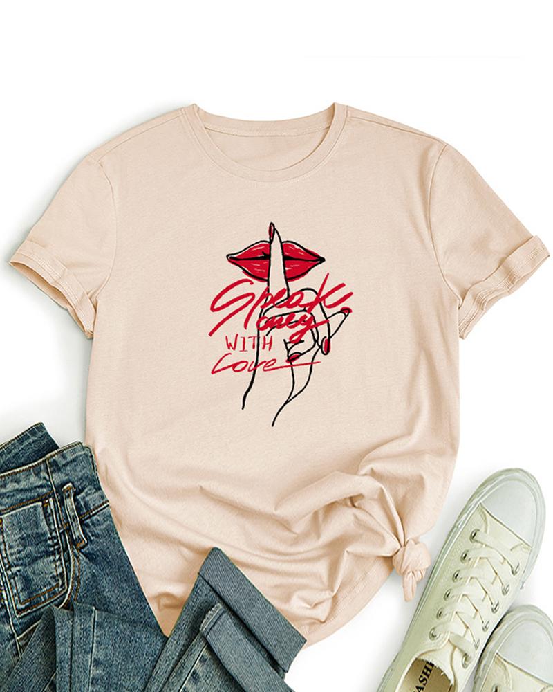 

Lip Slogan Letter Print Round Neck Short Sleeve Basic Cotto Top, Khaki