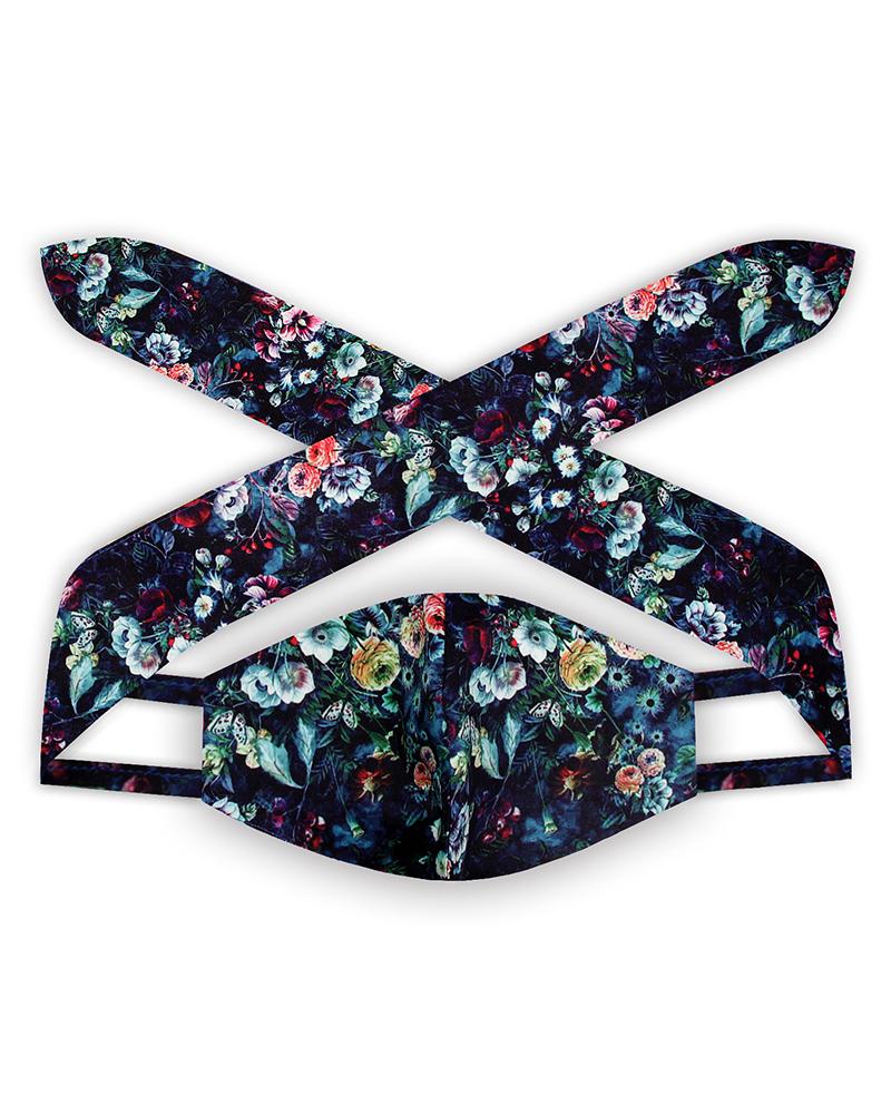 

Floral Print Hairband Breathable Face Mask, Black