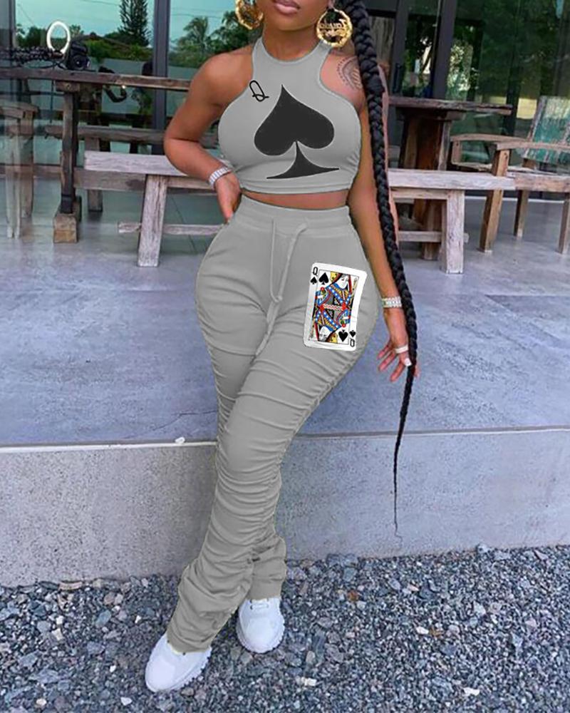 

Poker Print Halter Top & Drawstring Pants Set, Gray