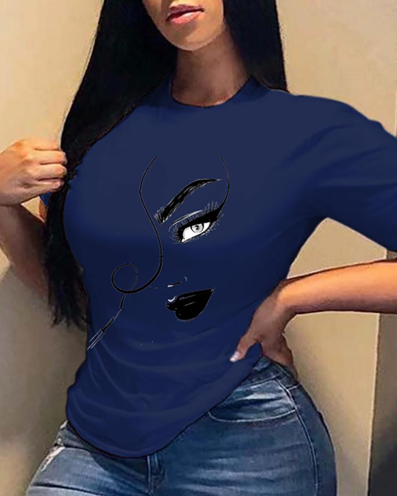 

Figure Print Short Sleeve Casual T-shirt, Dark blue
