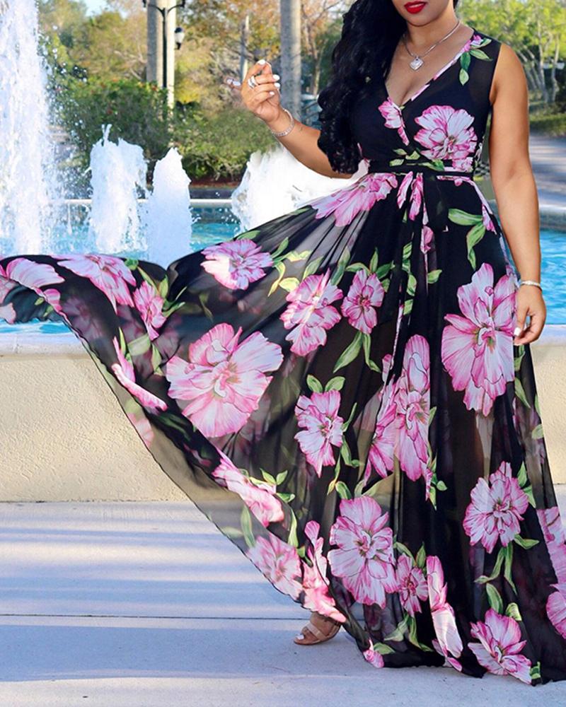 

Floral Print Mesh Sleeveless Maxi Dress, Black