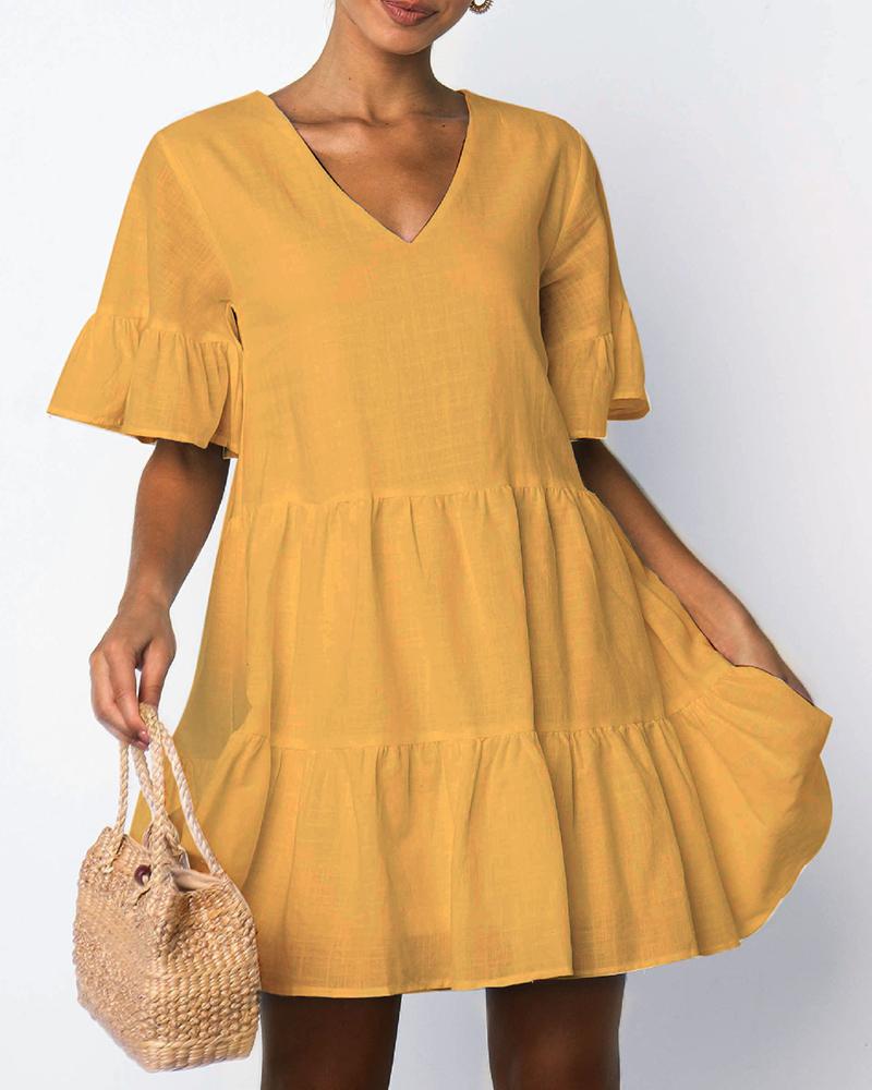 

Short Sleeve Ruffle Trim Skater Dress, Yellow