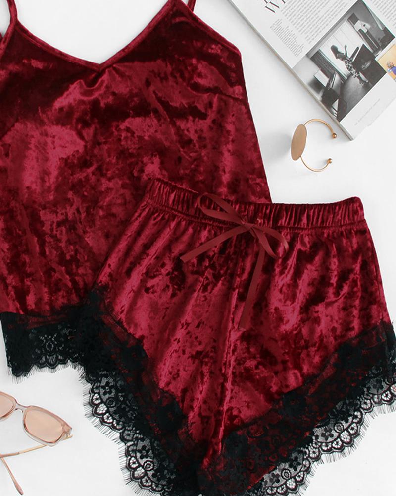 

Scallop Trim Bowknot Decor Lace Cami Set, Wine red