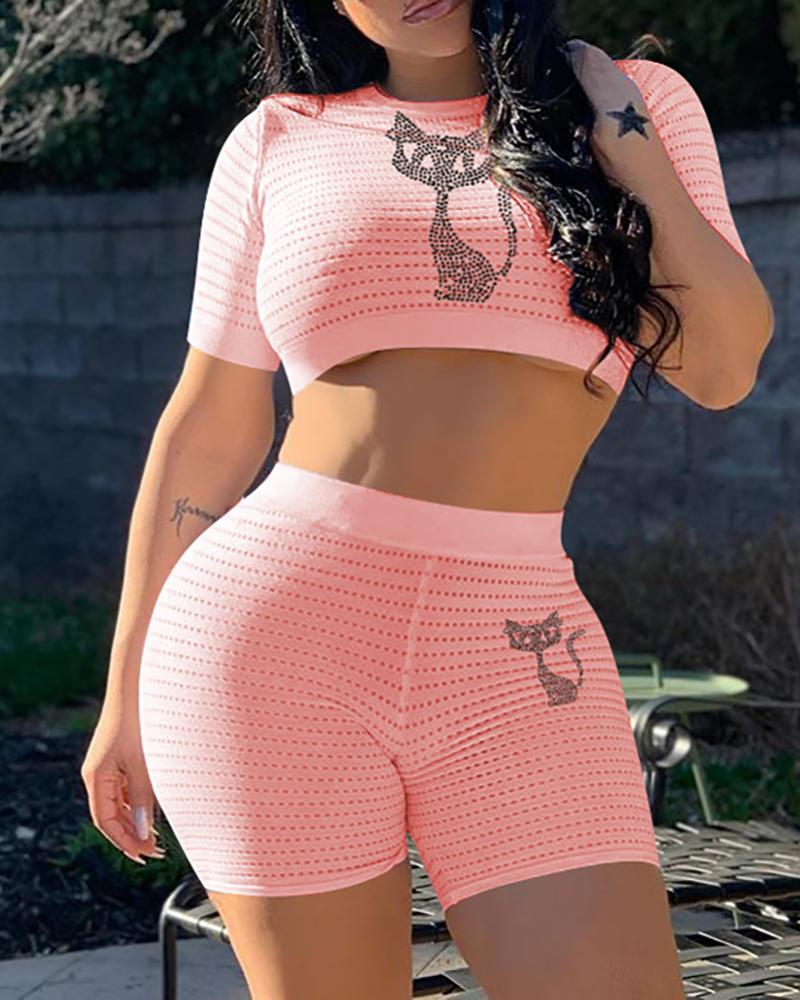 

Studded Short Sleeve Crop Top & High Waist Shorts Set, Pink