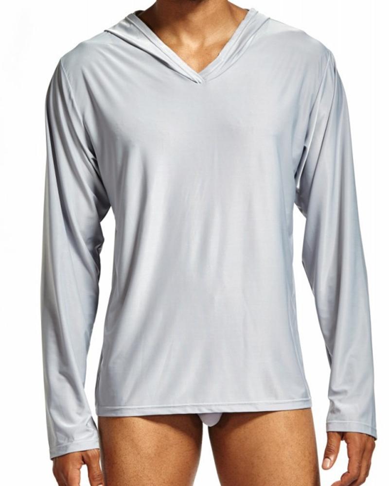

Solid Color Long Sleeve Silk Hooded Blouse, Gray