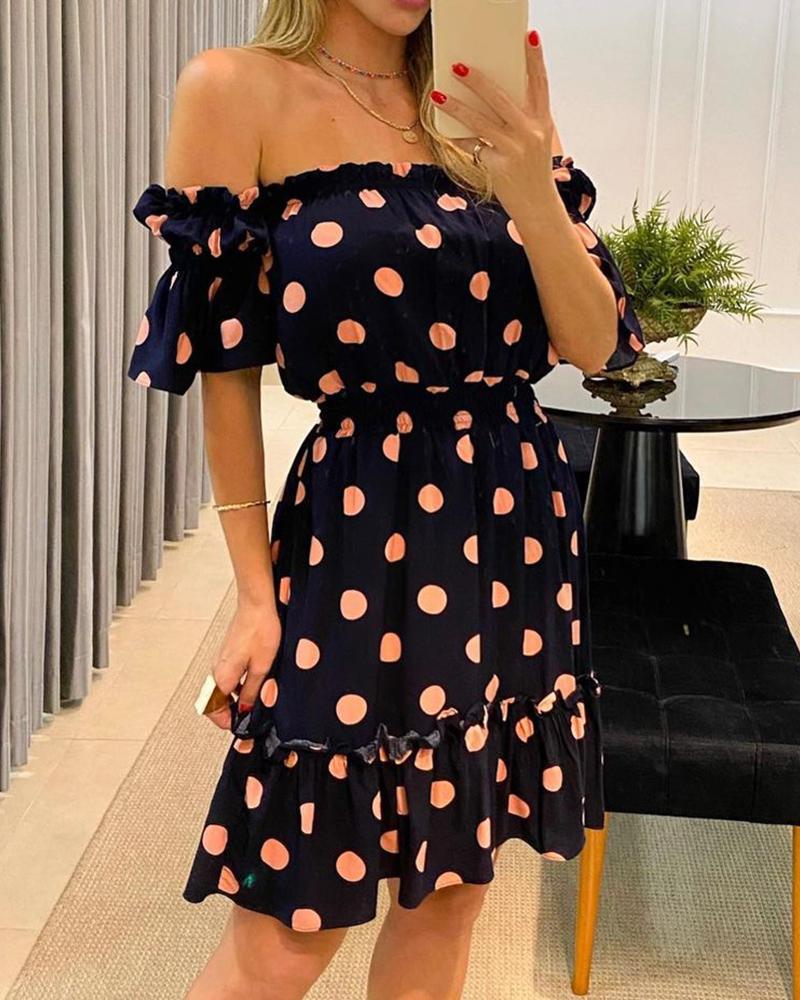 

Off Shoulder Polka Dot Print Ruffle Hem Dress, Purplish blue