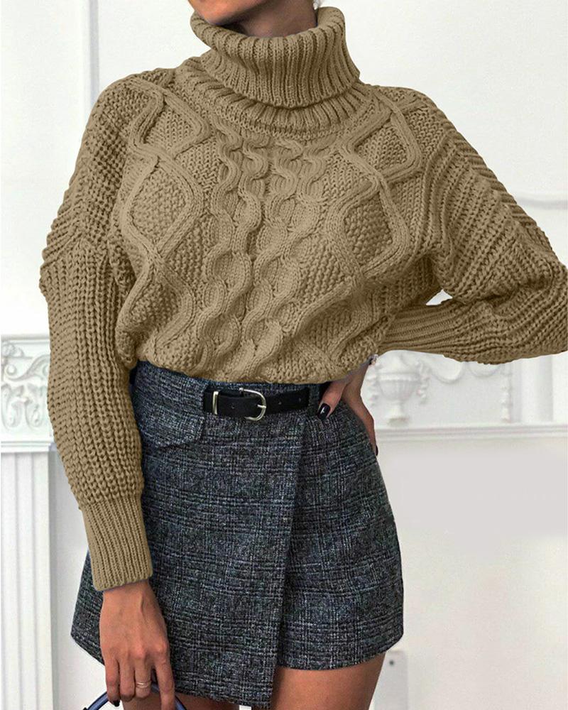 

High Neck Solid Cable Knit Sweater, Khaki