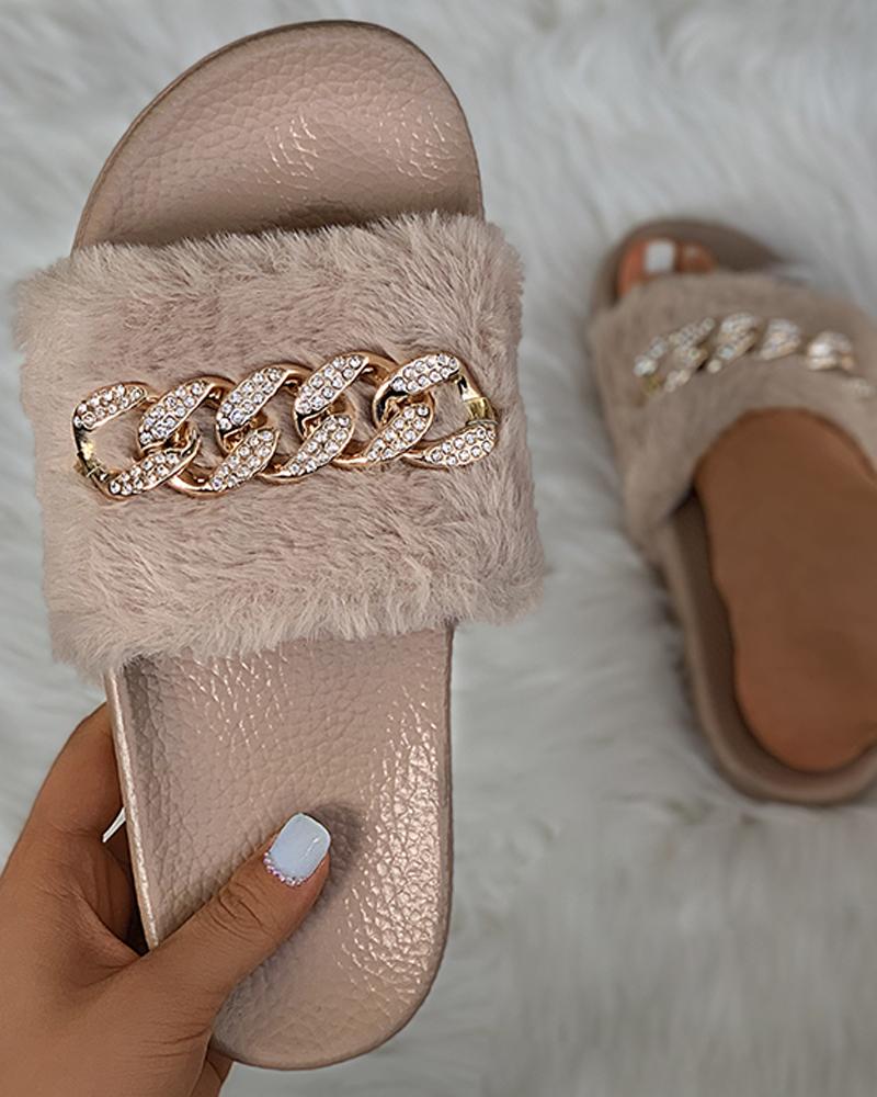 

Chain Strap Open Toe Sutdded Fluffy Slippers, Khaki