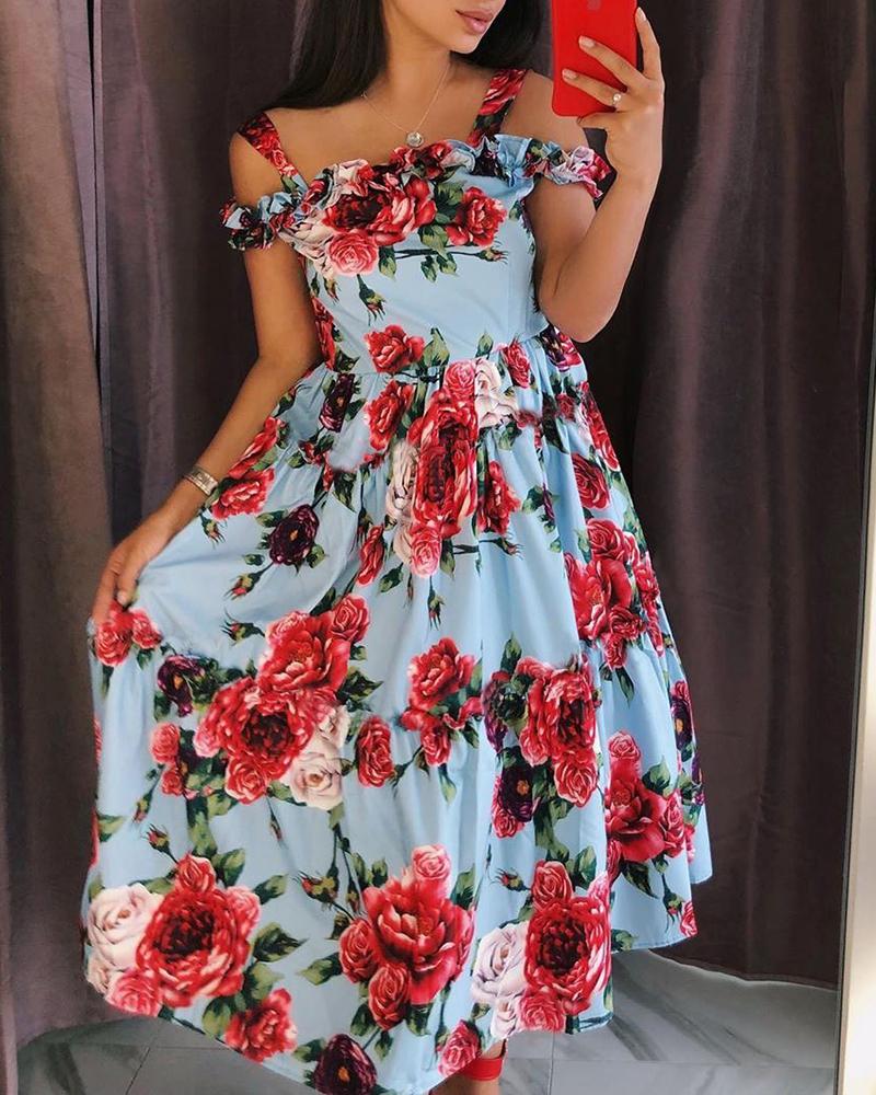 

Floral Print Shirring Cold Shoulder Casual Dress, Light blue