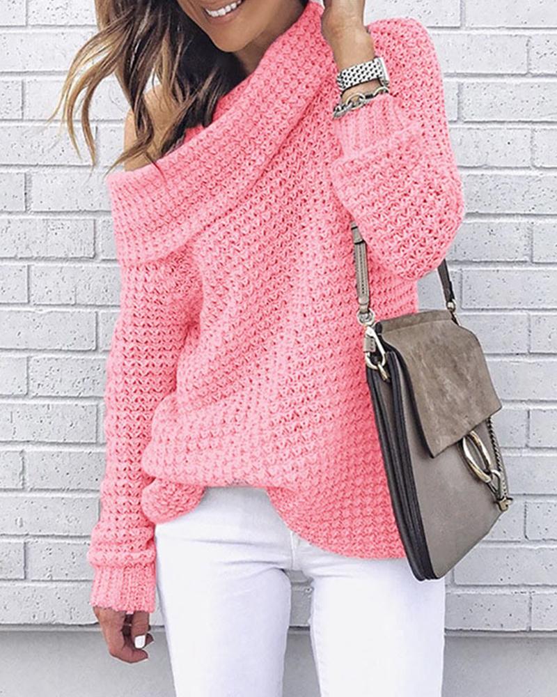 

Solid Long Sleeve Loose Knitted Sweaters, Pink