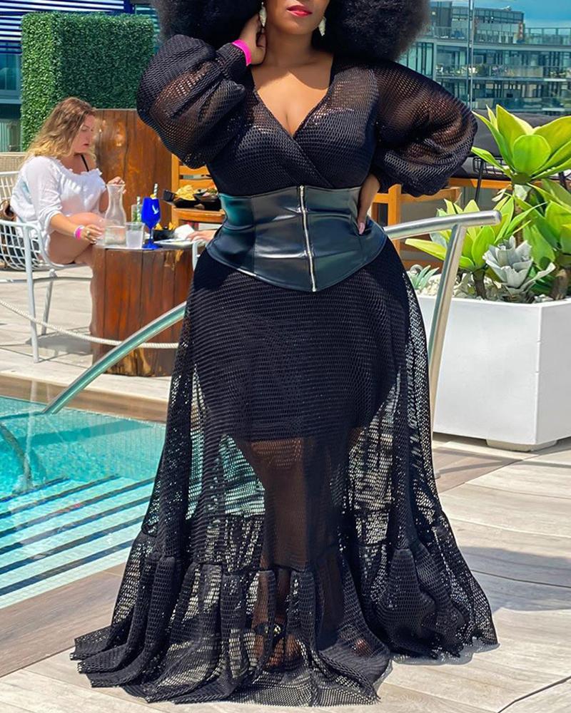 

Plus Size Lantern Sleeve Hollow Out Ruffles Maxi Dress, Black