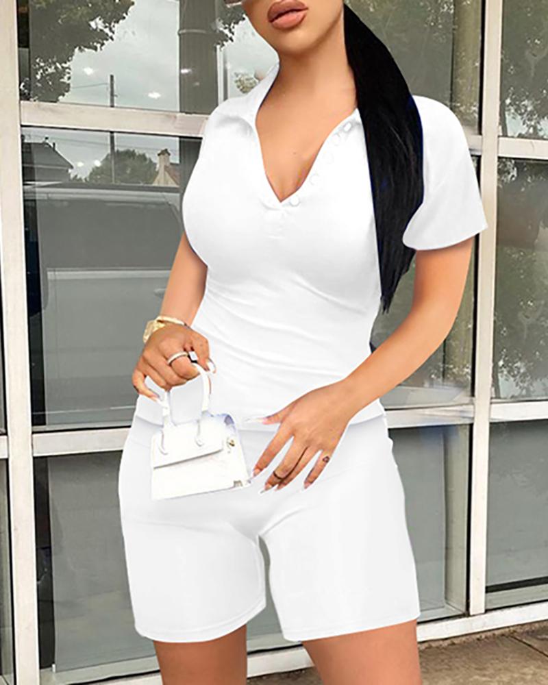 

Button Design Top & High Waist Shorts Set, White